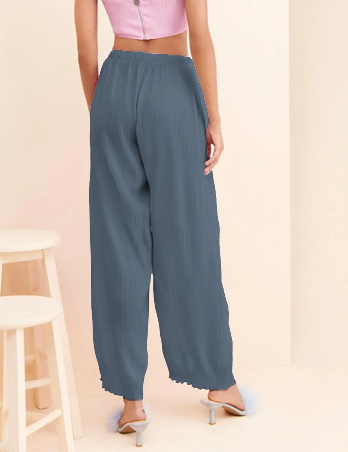 Women's Casual Wide Leg Pleated Pants Baggy Elastic Waisted Palazzo Harem Pants