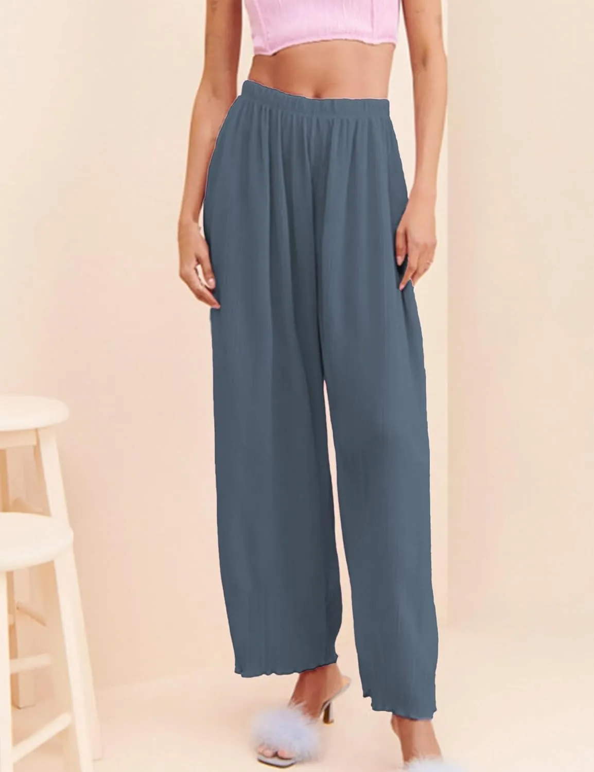 Women's Casual Wide Leg Pleated Pants Baggy Elastic Waisted Palazzo Harem Pants