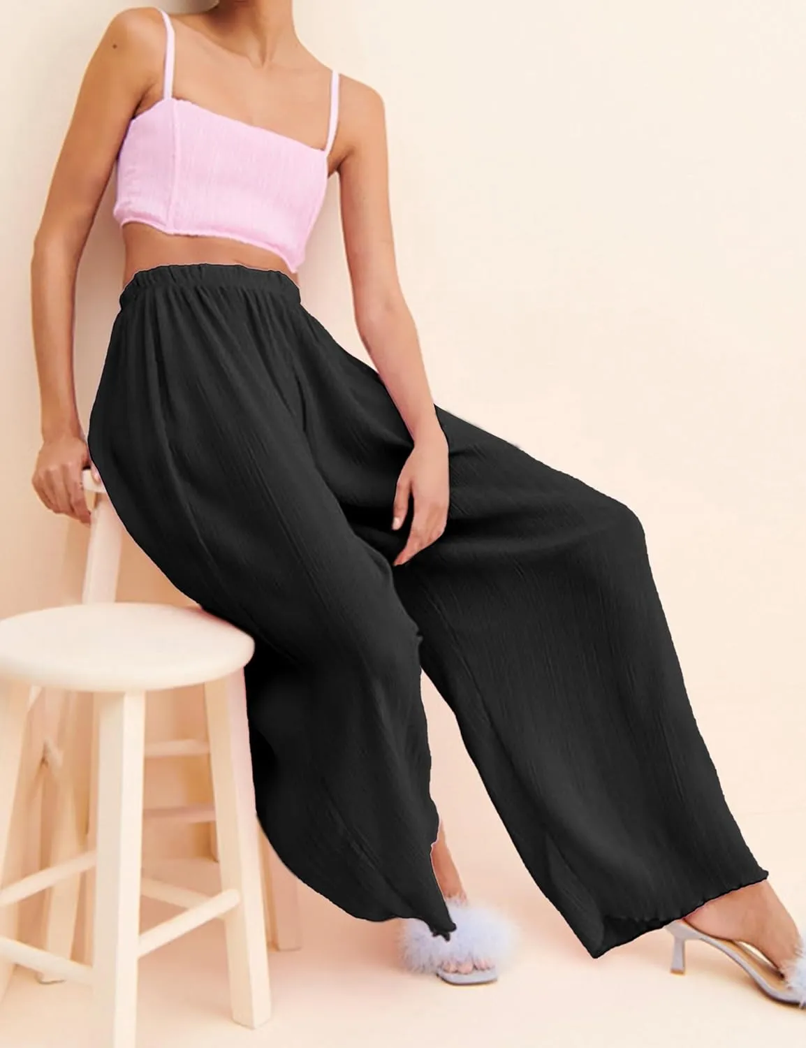 Women's Casual Wide Leg Pleated Pants Baggy Elastic Waisted Palazzo Harem Pants