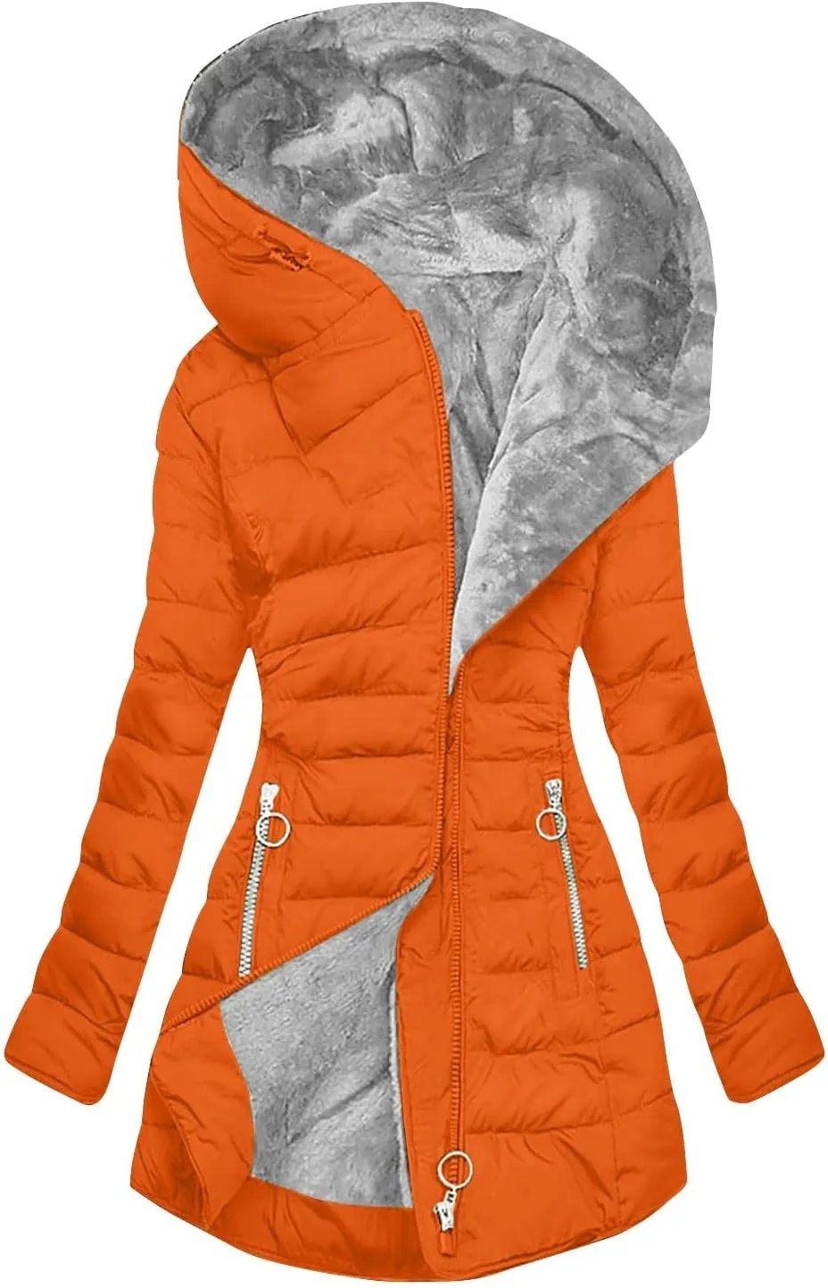 Women's Down Jacket Fleece Lined Zip Up Fur Hooded Coat Waterproof Thick Quilted Jacket Oversize Warm Trench Coat