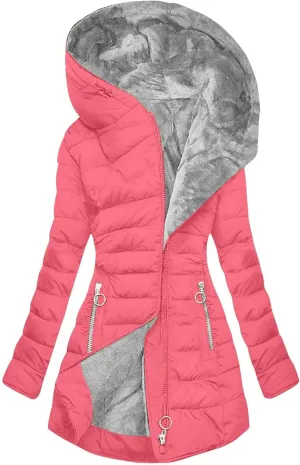 Women's Down Jacket Fleece Lined Zip Up Fur Hooded Coat Waterproof Thick Quilted Jacket Oversize Warm Trench Coat