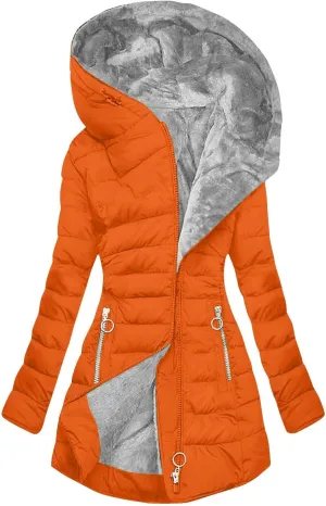 Women's Down Jacket Fleece Lined Zip Up Fur Hooded Coat Waterproof Thick Quilted Jacket Oversize Warm Trench Coat