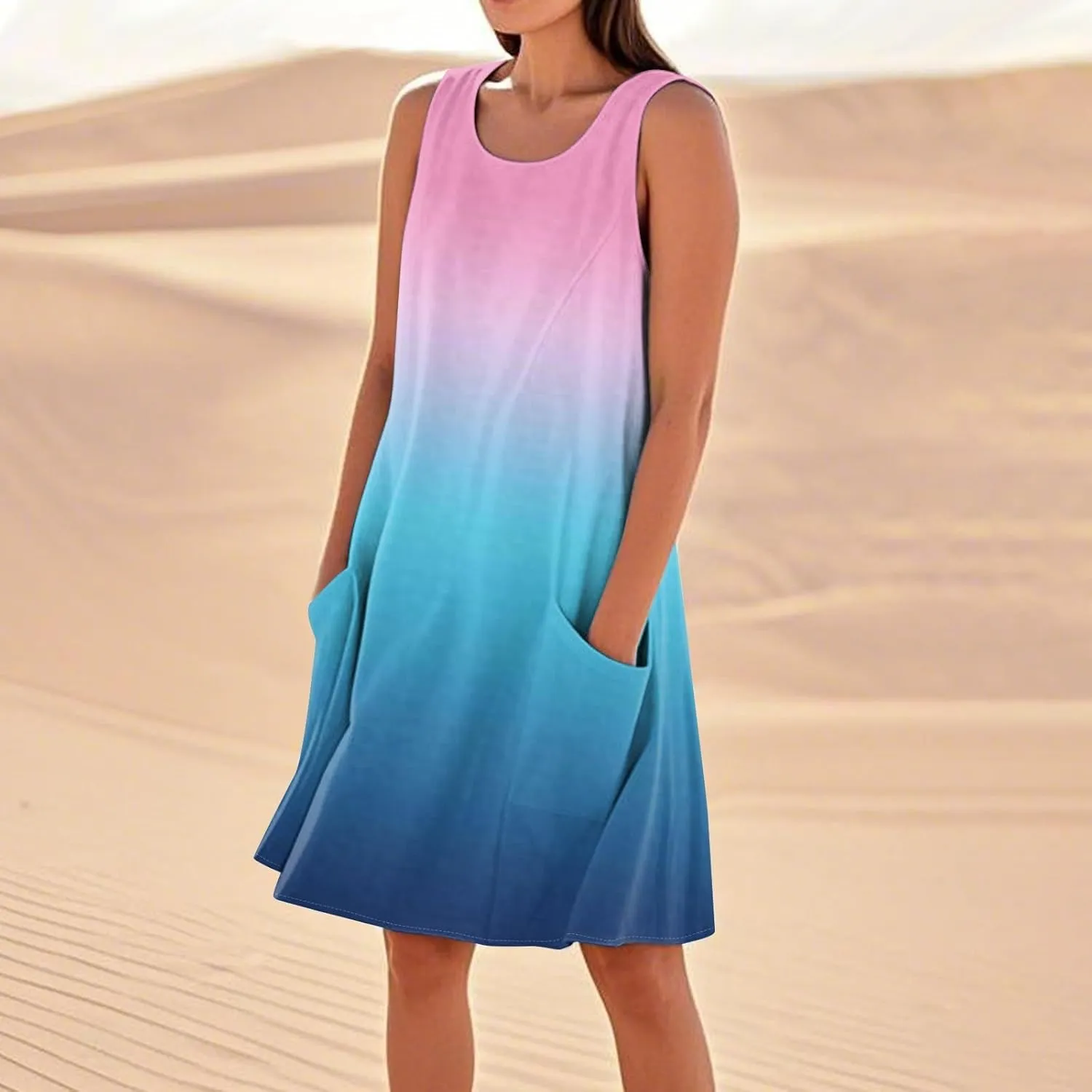 Womens Fashion Summer Vacation Sun Dresses 2025 Loose Sleeveless Sundresses Print Loose Fit Tank Dresses with Pockets