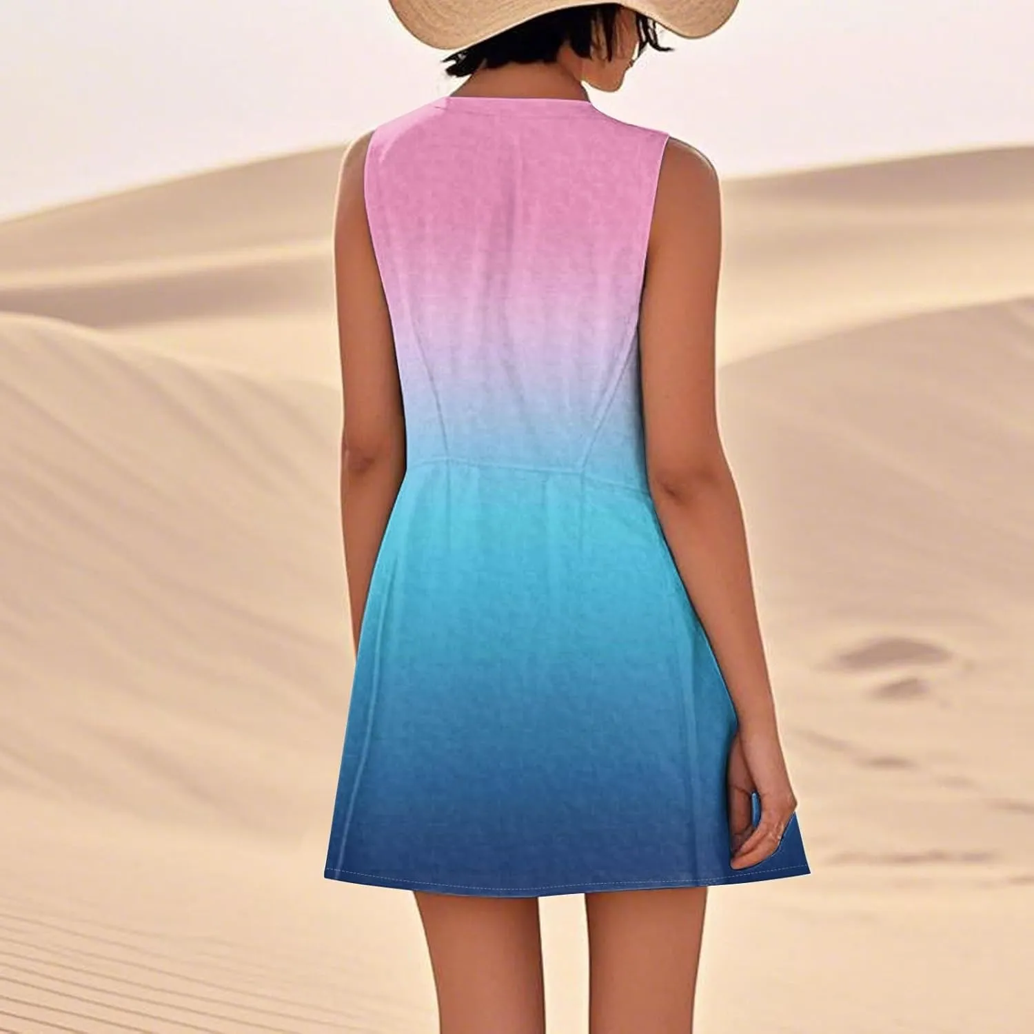 Womens Fashion Summer Vacation Sun Dresses 2025 Loose Sleeveless Sundresses Print Loose Fit Tank Dresses with Pockets