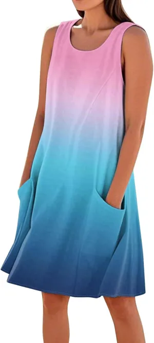 Womens Fashion Summer Vacation Sun Dresses 2025 Loose Sleeveless Sundresses Print Loose Fit Tank Dresses with Pockets
