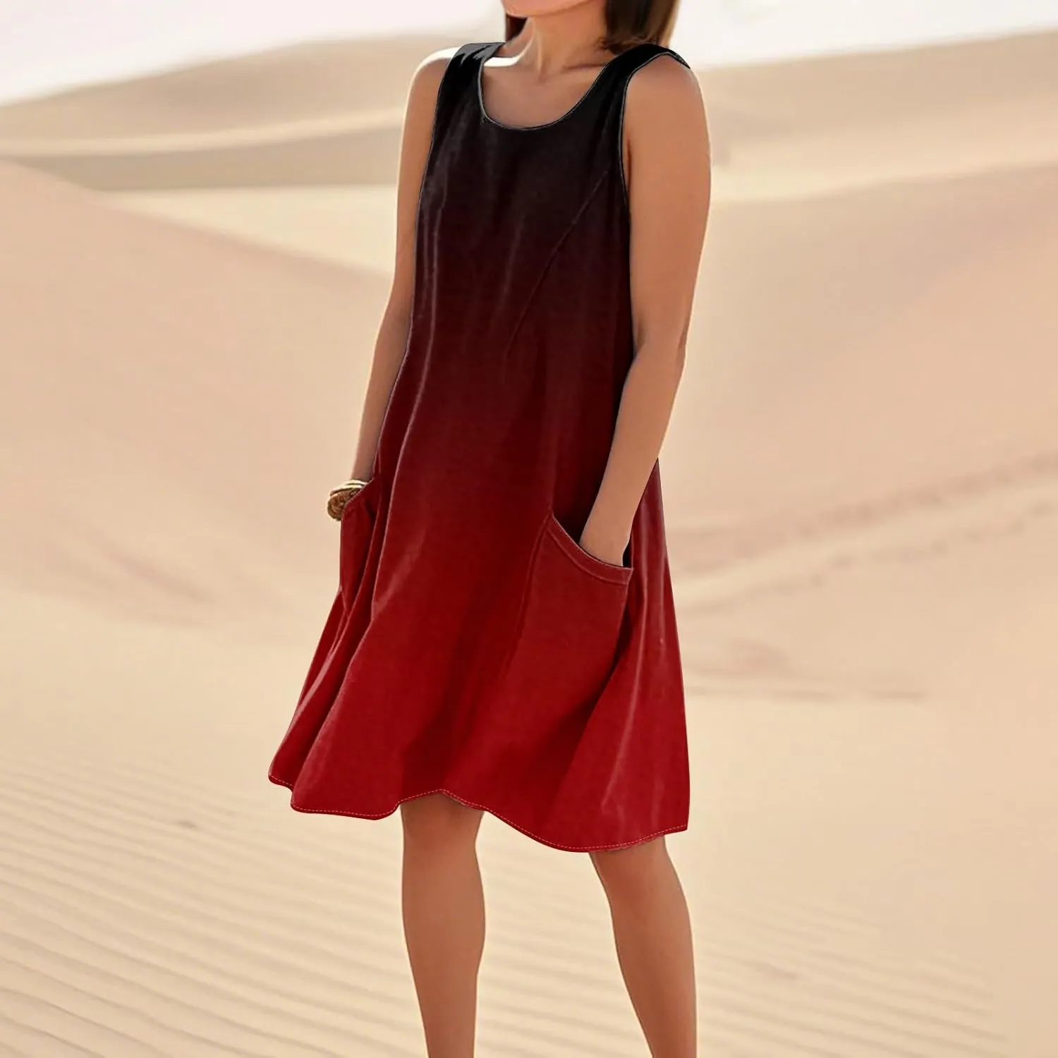 Womens Fashion Summer Vacation Sun Dresses 2025 Loose Sleeveless Sundresses Print Loose Fit Tank Dresses with Pockets