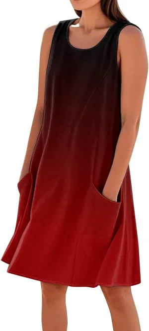 Womens Fashion Summer Vacation Sun Dresses 2025 Loose Sleeveless Sundresses Print Loose Fit Tank Dresses with Pockets