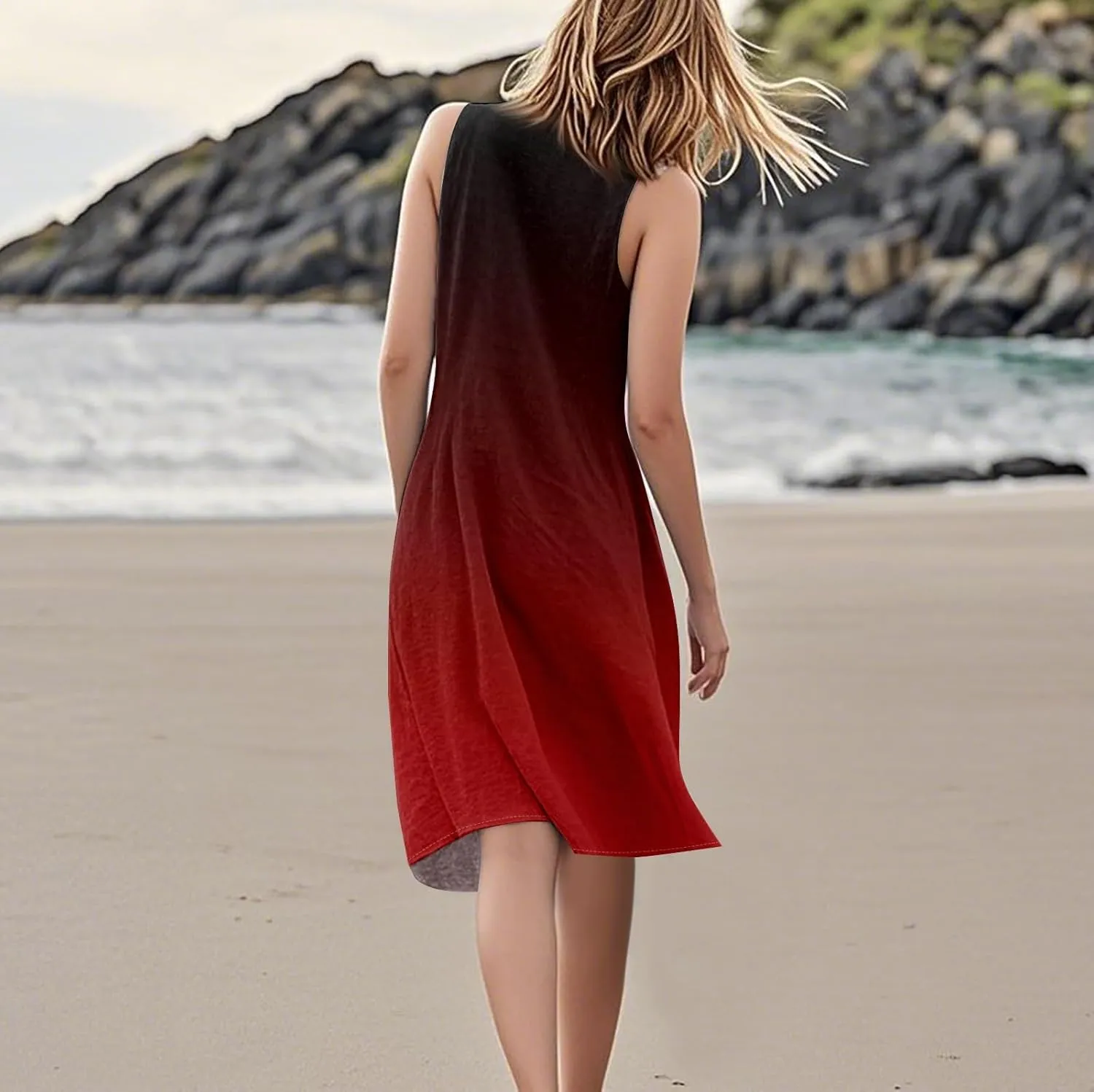 Womens Fashion Summer Vacation Sun Dresses 2025 Loose Sleeveless Sundresses Print Loose Fit Tank Dresses with Pockets