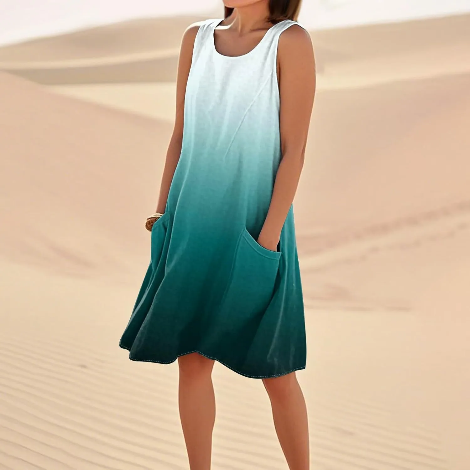 Womens Fashion Summer Vacation Sun Dresses 2025 Loose Sleeveless Sundresses Print Loose Fit Tank Dresses with Pockets