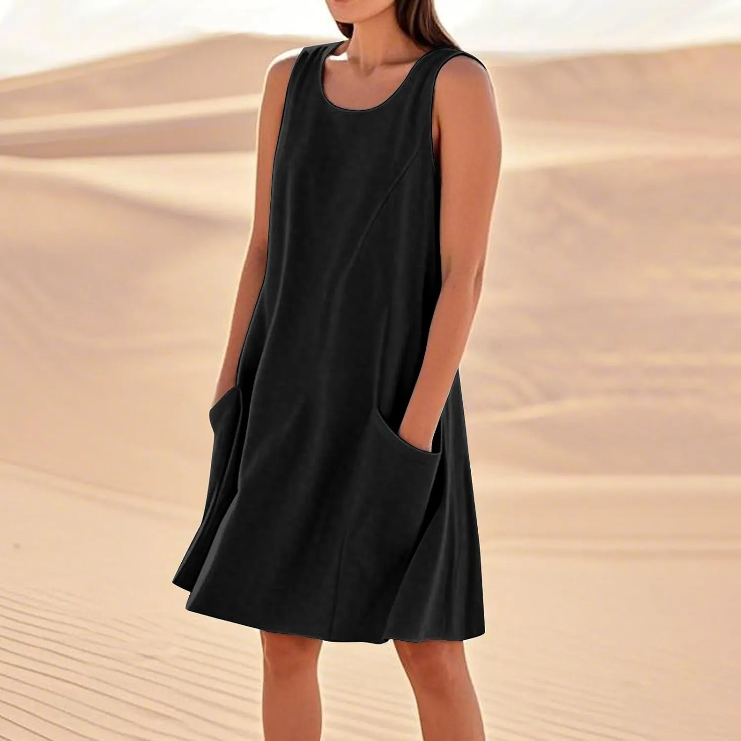 Womens Fashion Summer Vacation Sun Dresses 2025 Loose Sleeveless Sundresses Print Loose Fit Tank Dresses with Pockets