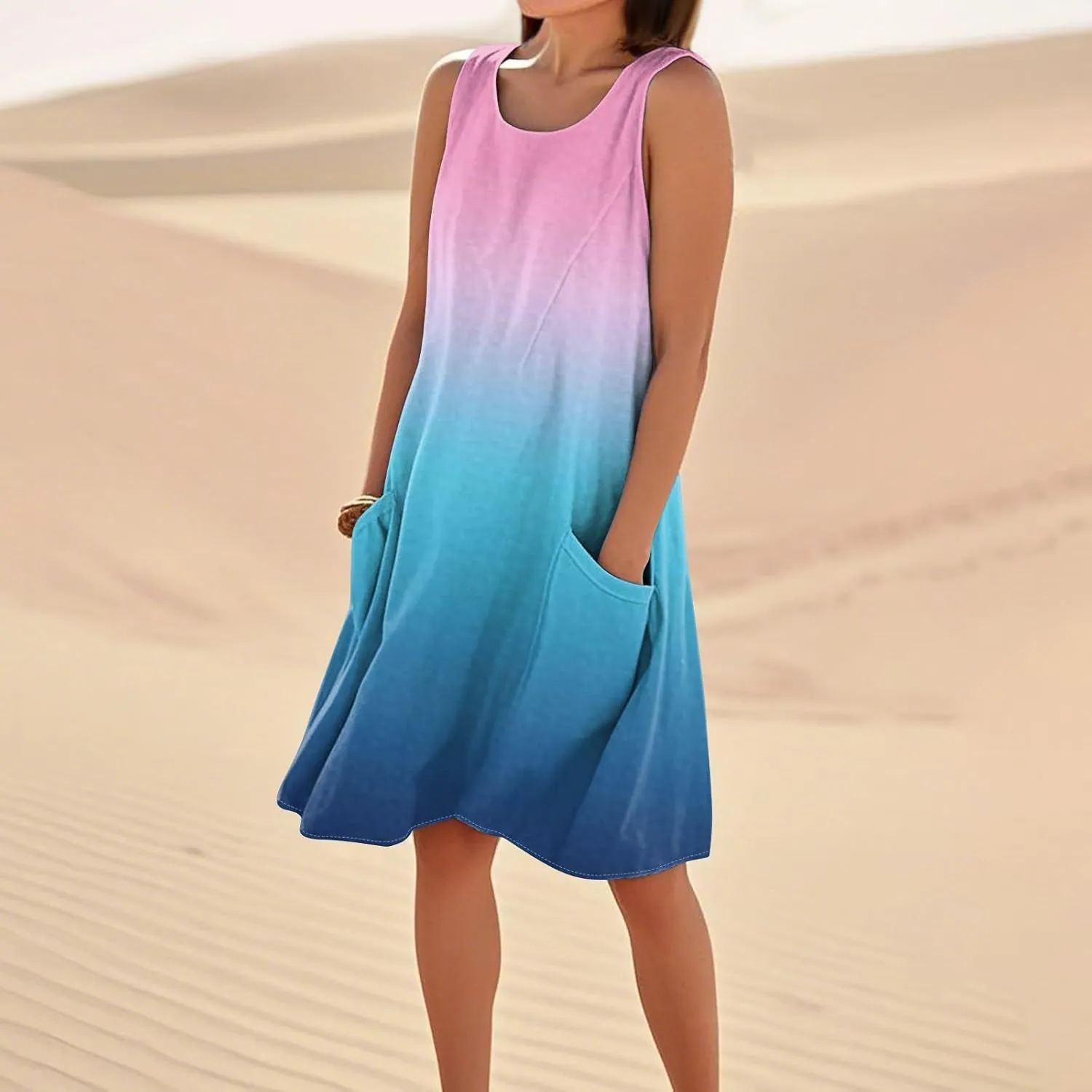 Womens Fashion Summer Vacation Sun Dresses 2025 Loose Sleeveless Sundresses Print Loose Fit Tank Dresses with Pockets