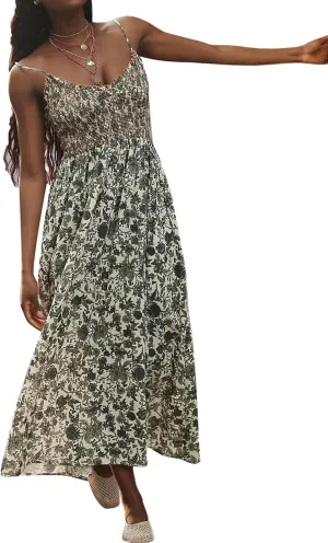 Women's Floral Maxi Beach Dress Summer Hollow Out Eyelet Embroidery Dress Flowy Boho Sundress Backless Long Dresses