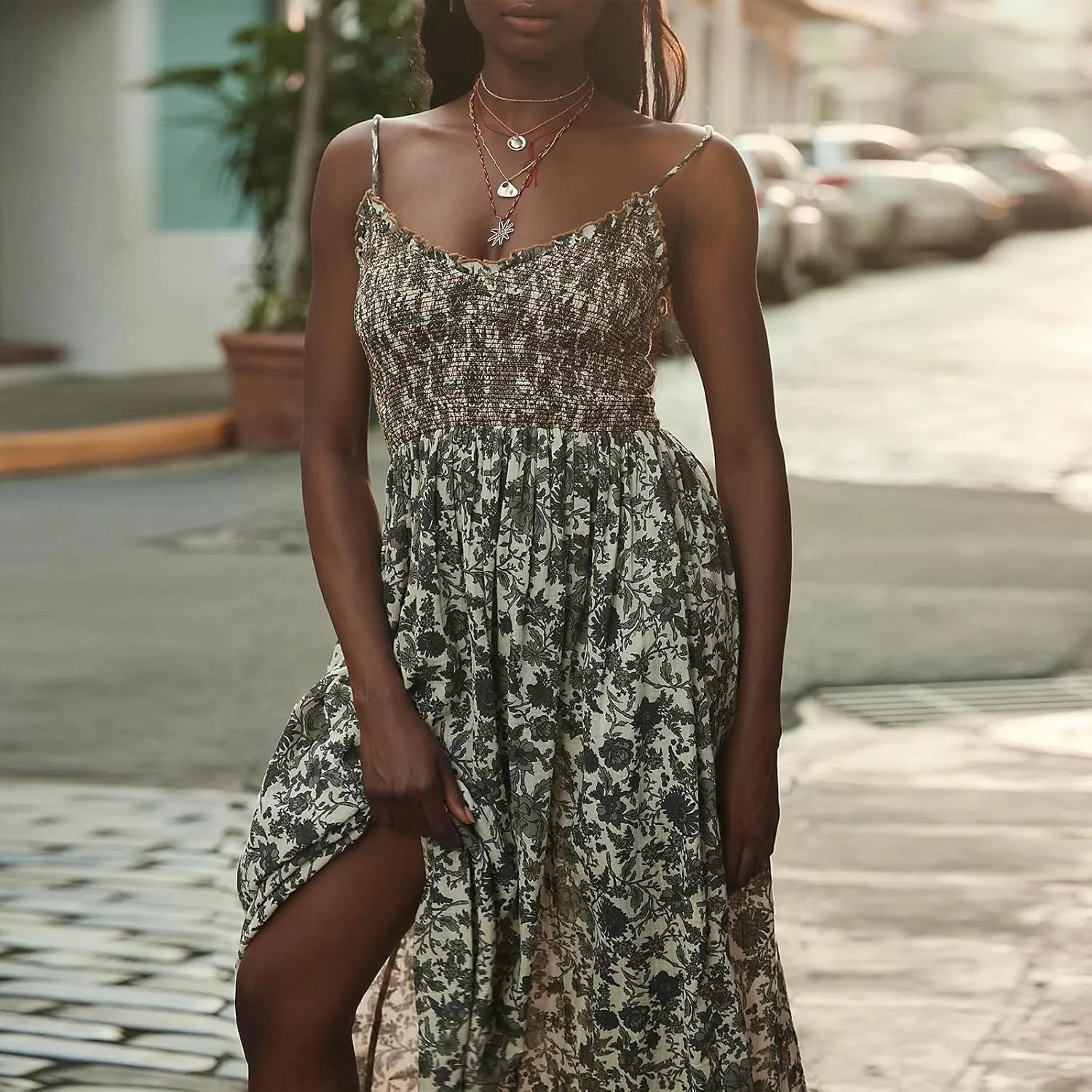 Women's Floral Maxi Beach Dress Summer Hollow Out Eyelet Embroidery Dress Flowy Boho Sundress Backless Long Dresses