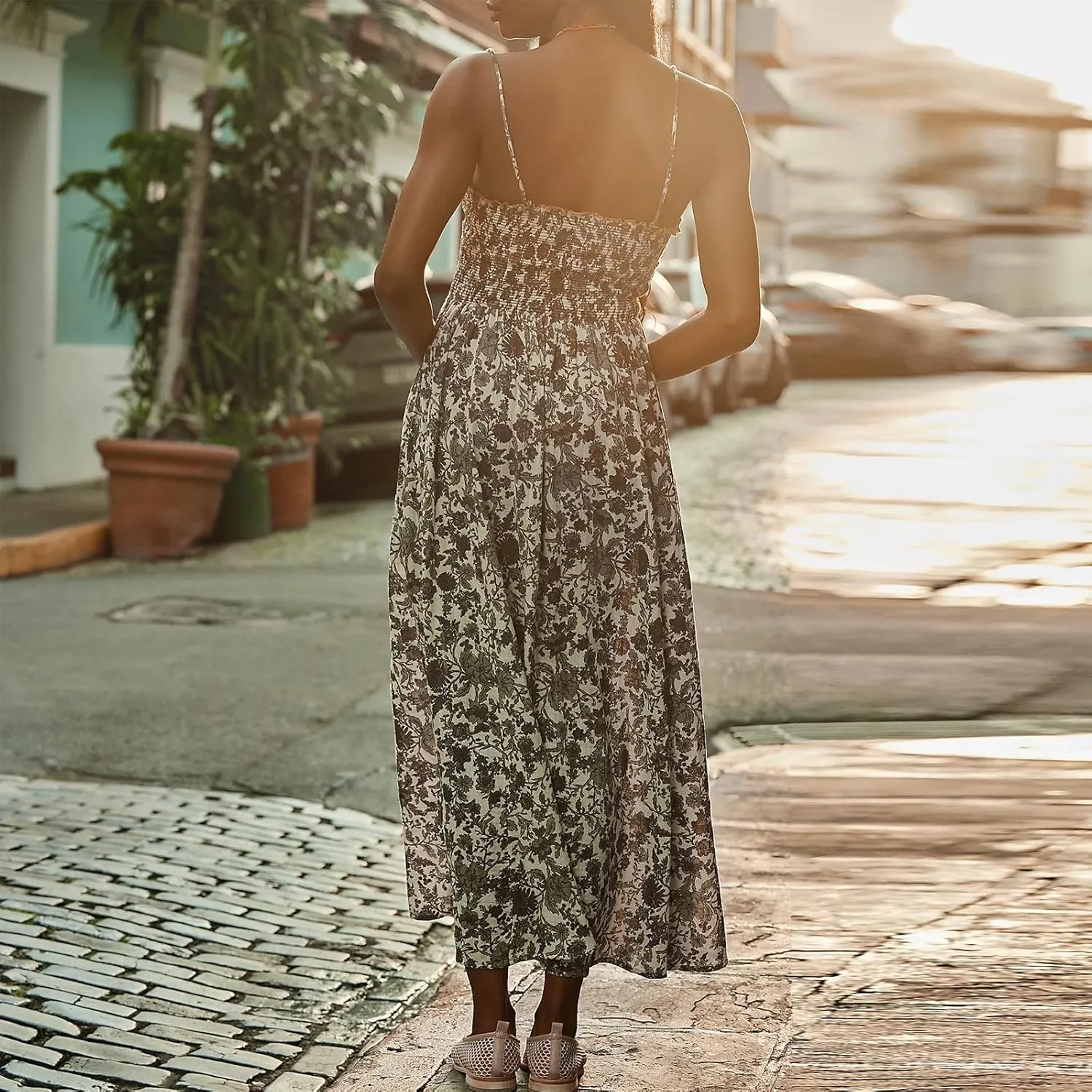 Women's Floral Maxi Beach Dress Summer Hollow Out Eyelet Embroidery Dress Flowy Boho Sundress Backless Long Dresses