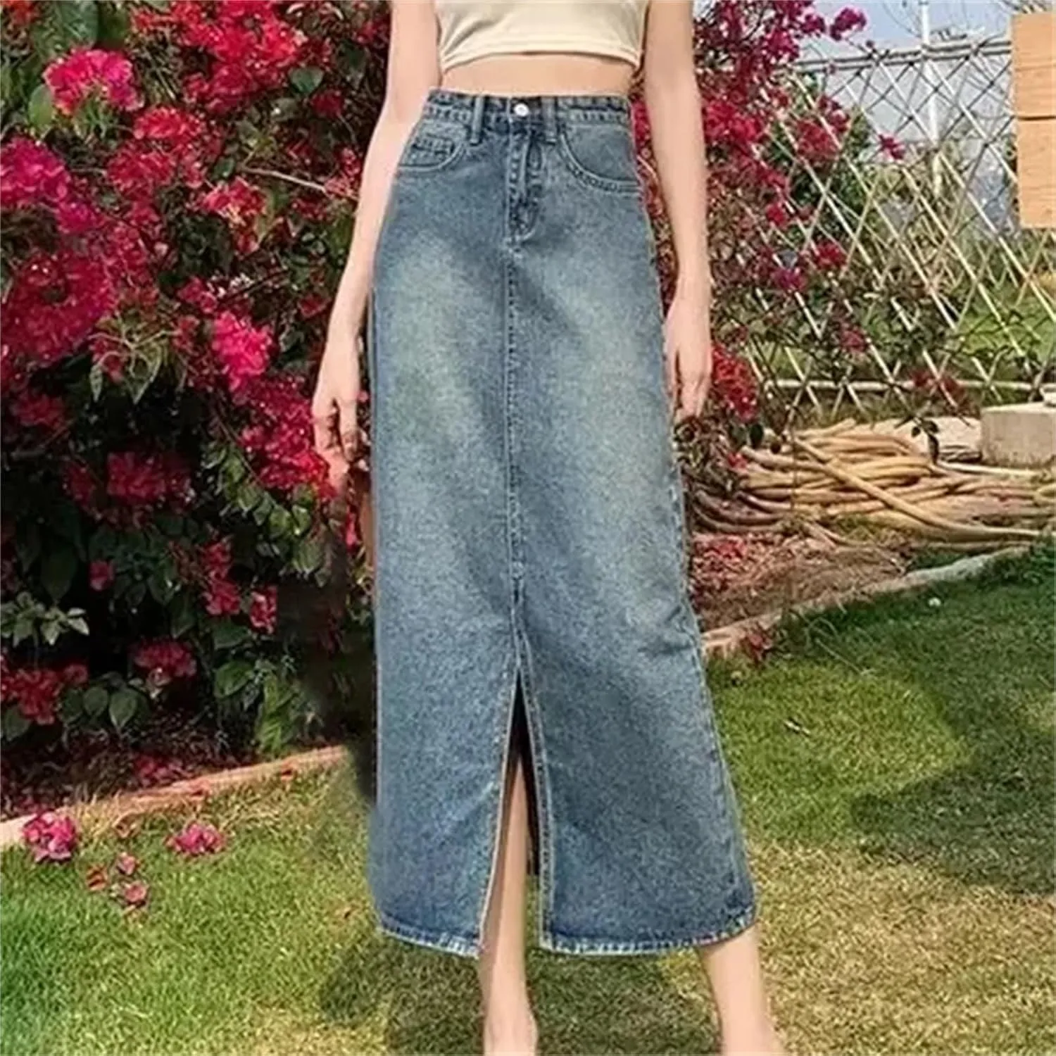 Women's High-Waisted Side Slit Denim Skirt  Medium-Length Thin A-Line Casual Denim Midi Jean Skirt