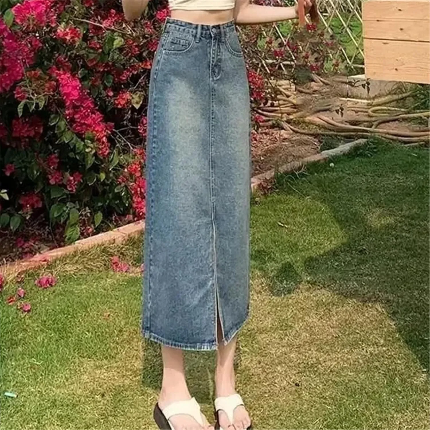 Women's High-Waisted Side Slit Denim Skirt  Medium-Length Thin A-Line Casual Denim Midi Jean Skirt