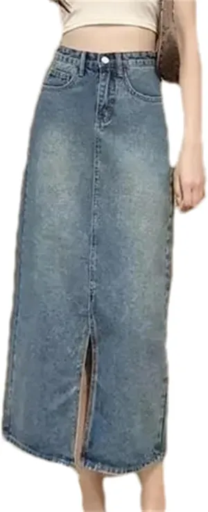 Women's High-Waisted Side Slit Denim Skirt  Medium-Length Thin A-Line Casual Denim Midi Jean Skirt