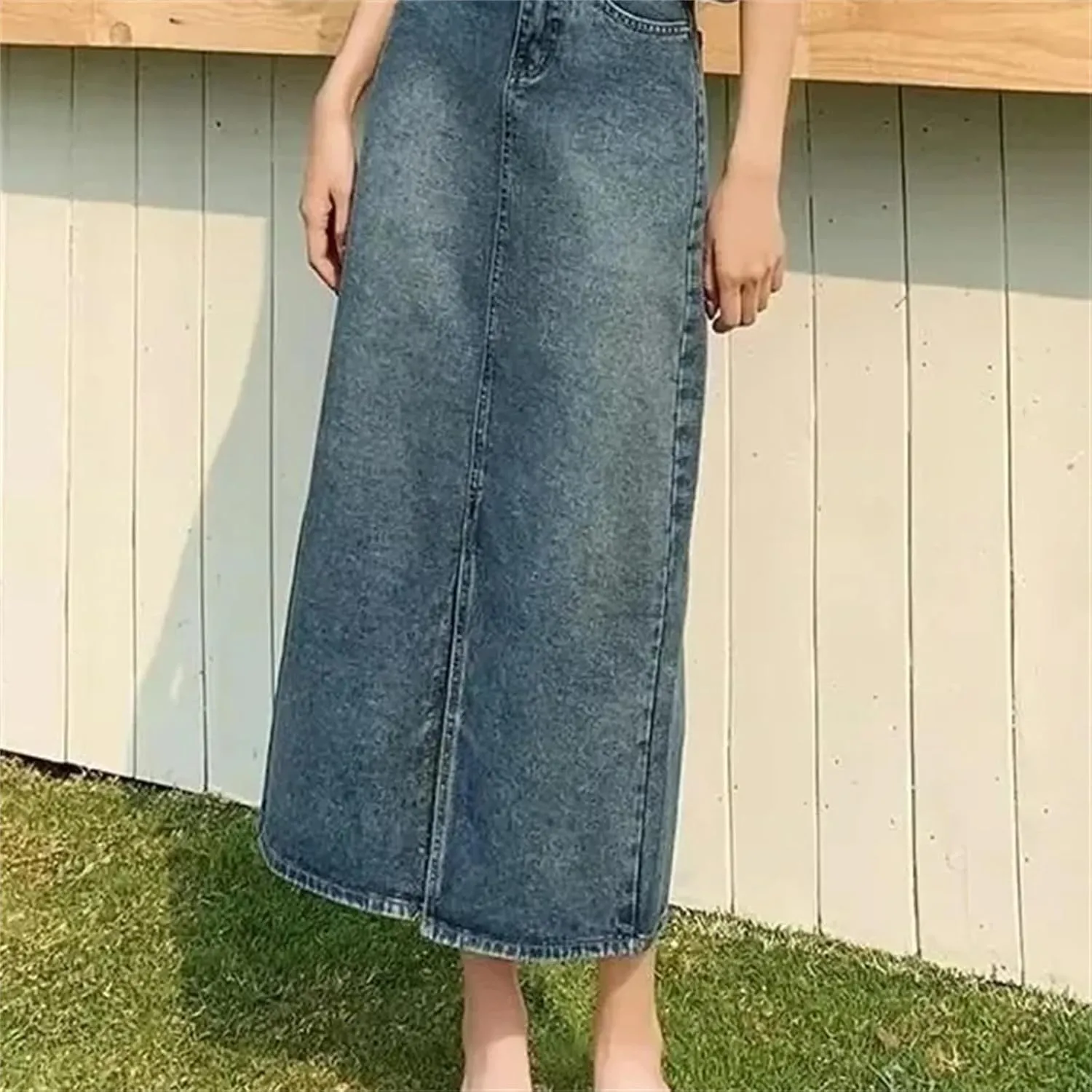 Women's High-Waisted Side Slit Denim Skirt  Medium-Length Thin A-Line Casual Denim Midi Jean Skirt