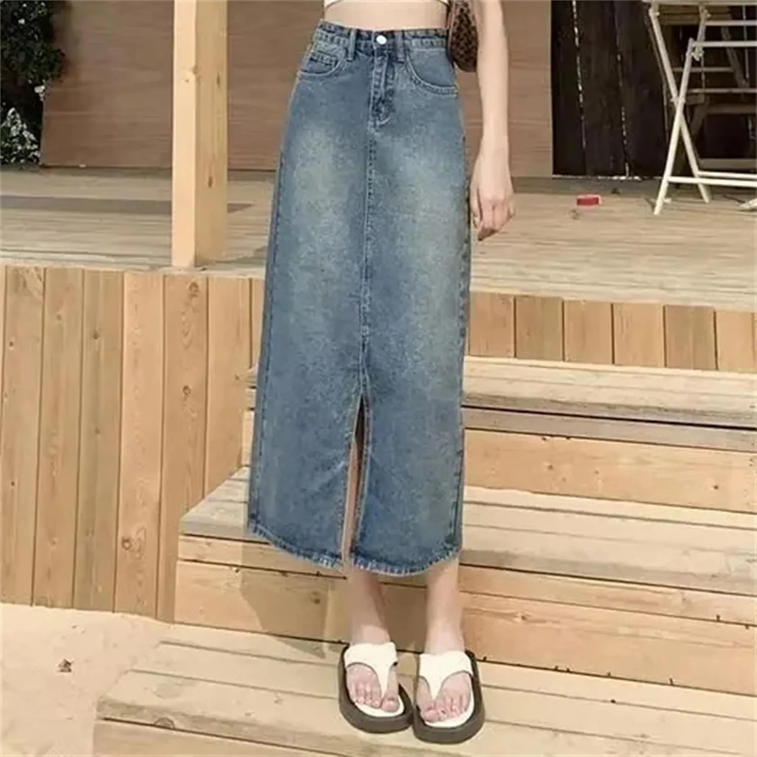 Women's High-Waisted Side Slit Denim Skirt  Medium-Length Thin A-Line Casual Denim Midi Jean Skirt