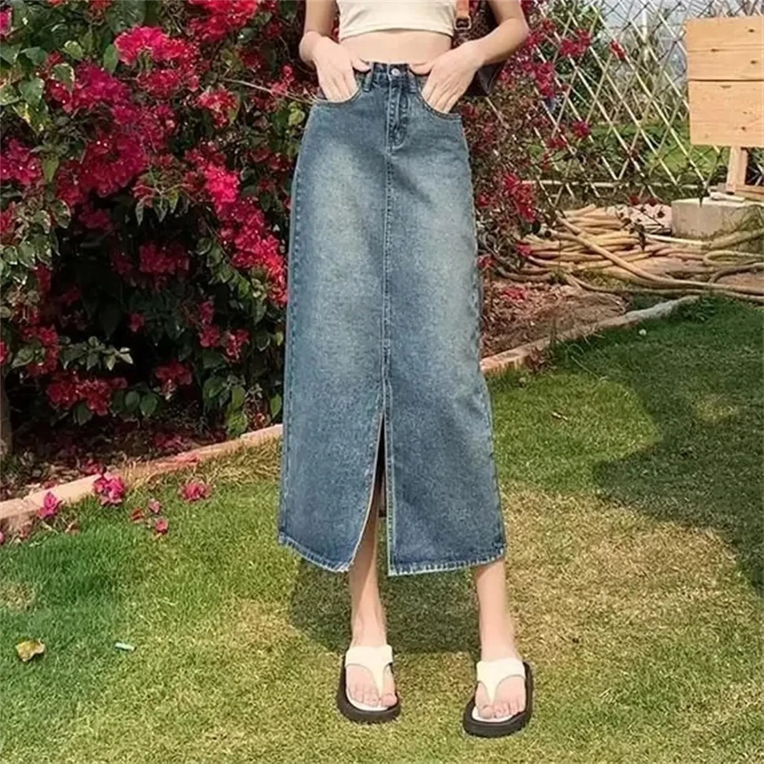 Women's High-Waisted Side Slit Denim Skirt  Medium-Length Thin A-Line Casual Denim Midi Jean Skirt