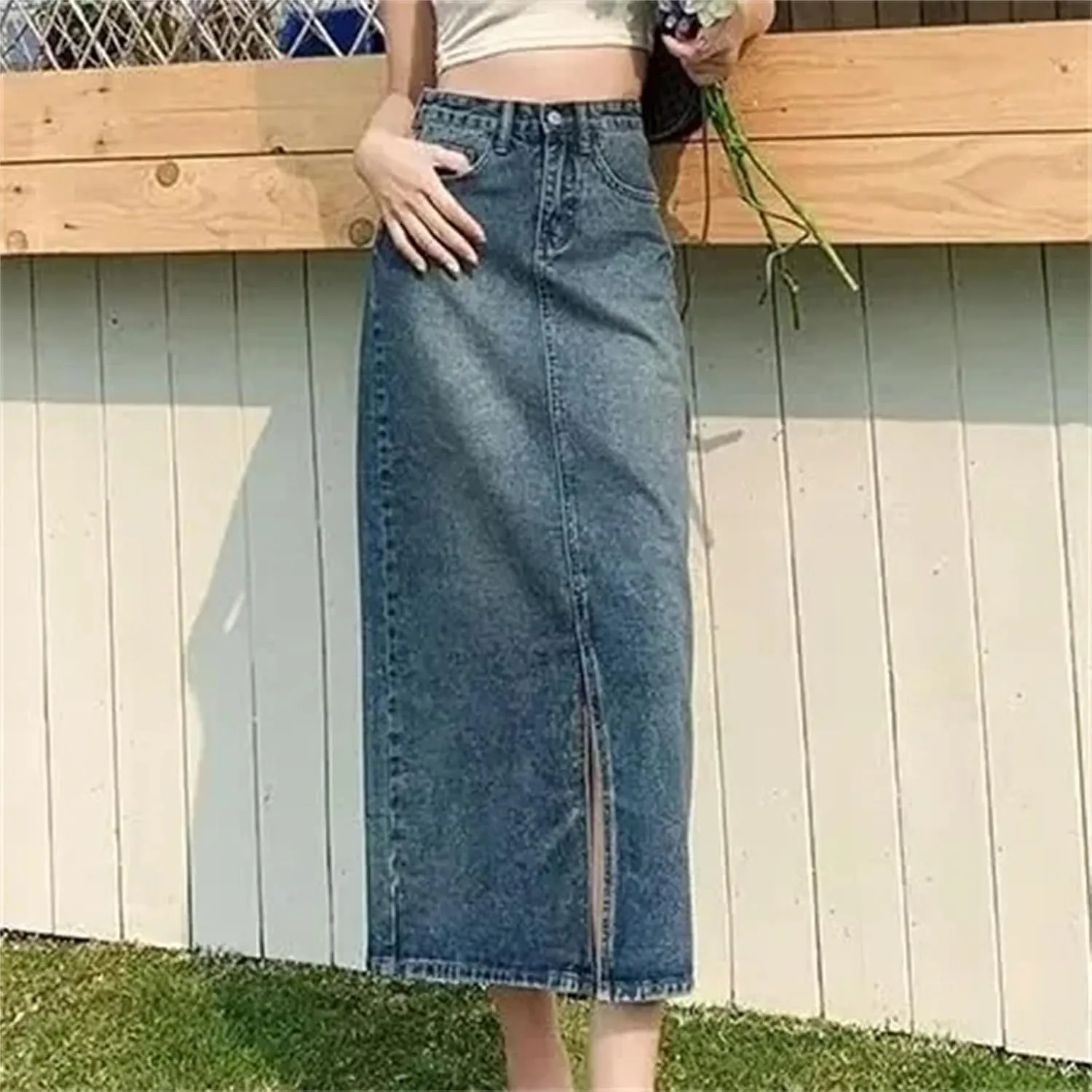 Women's High-Waisted Side Slit Denim Skirt  Medium-Length Thin A-Line Casual Denim Midi Jean Skirt