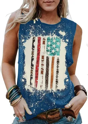 Womens Leopard American Flag Star Tank Tops Cute July 4th Independence Day Sunflower Graphic Tees T-Shirts