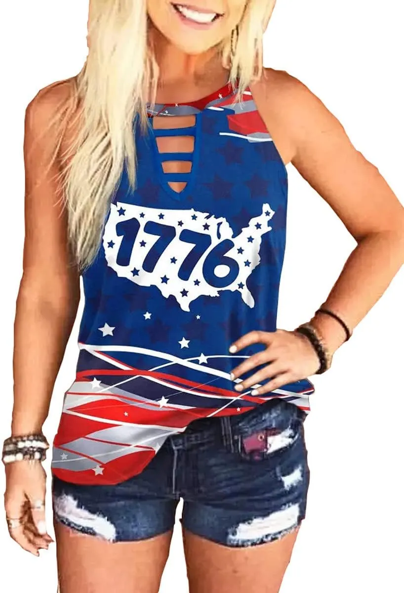 Womens Leopard American Flag Star Tank Tops Cute July 4th Independence Day Sunflower Graphic Tees T-Shirts