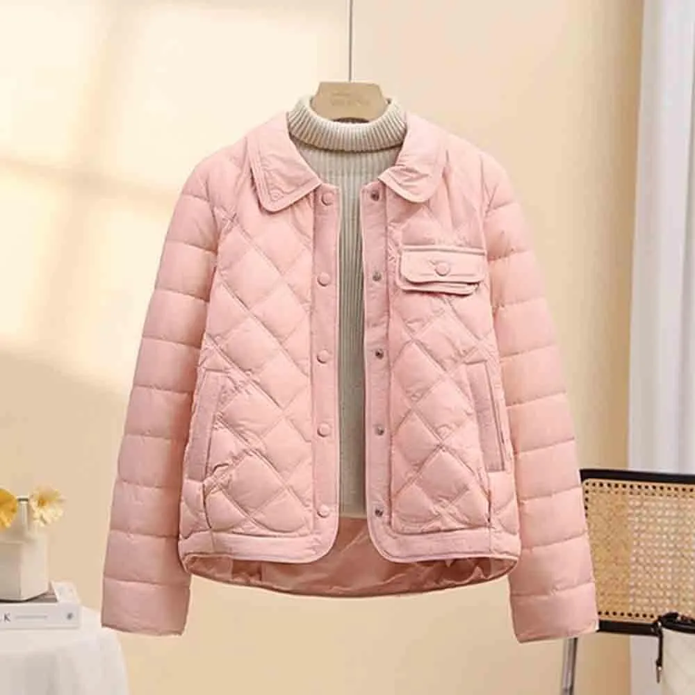 Women's lightweight down jacket, long sleeved, fully buttoned, packable, short down jacket Women's winter coat