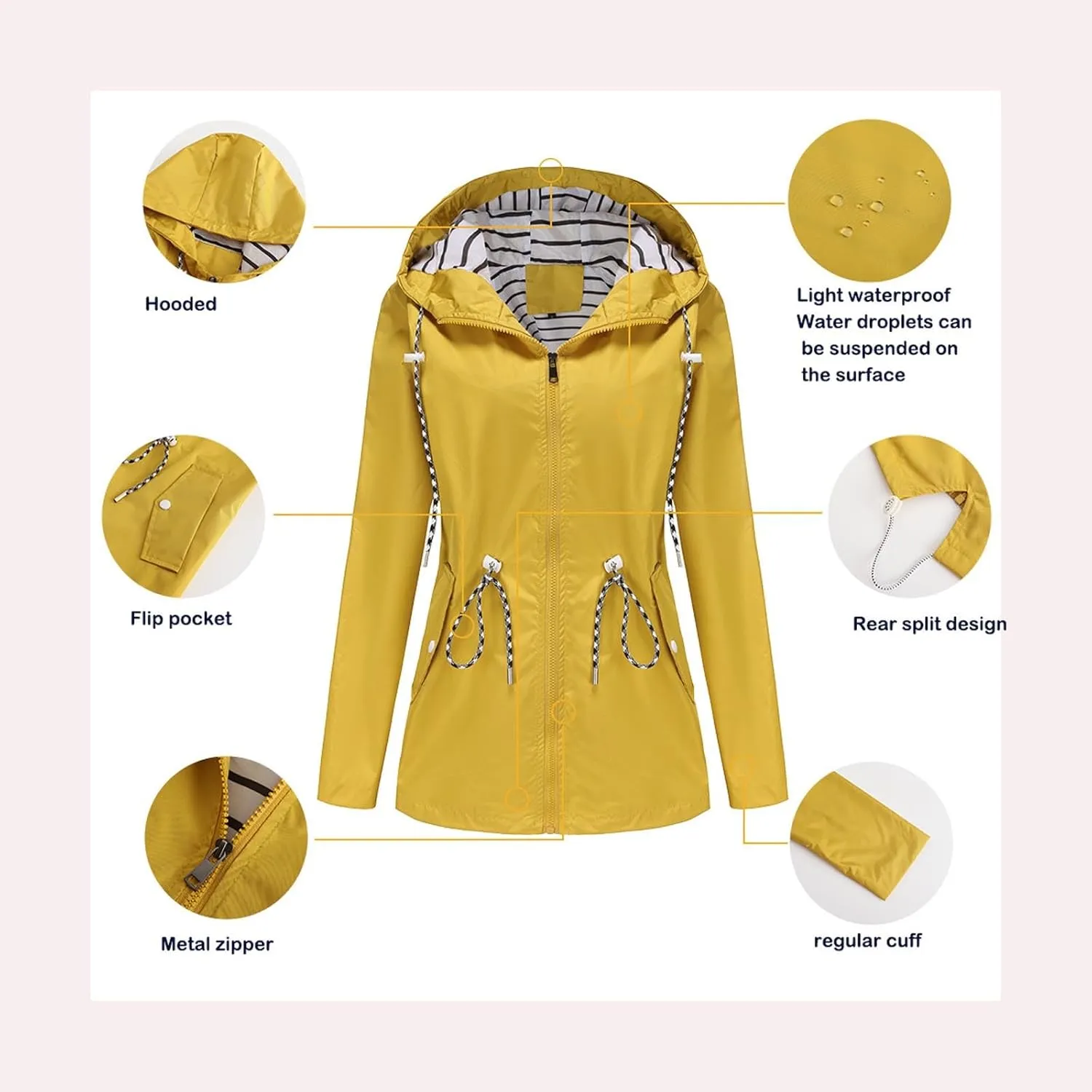 Women's Lightweight Hooded Waterproof Jacket Long Sleeve Oversized Outdoor Windbreaker Mid-Length Hooded Rain Coat