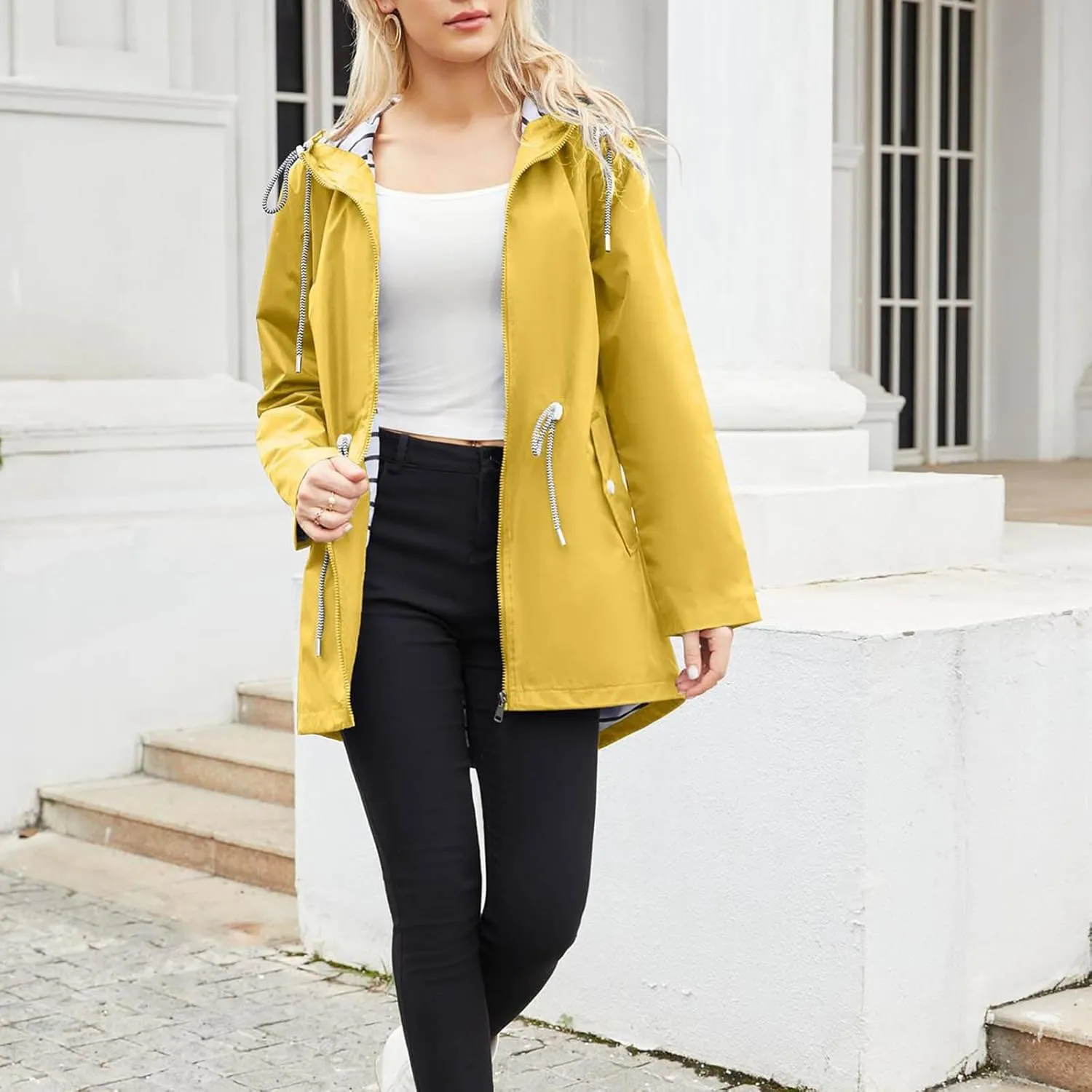 Women's Lightweight Hooded Waterproof Jacket Long Sleeve Oversized Outdoor Windbreaker Mid-Length Hooded Rain Coat