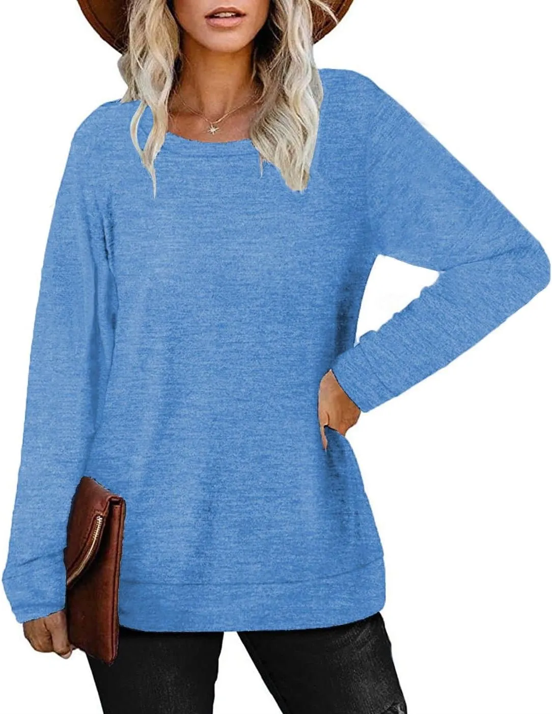 Womens Lightweight Sweatshirts Crewneck Thin Sweaters Long Sleeve Shirts Solid Color Casual Tunic Spring Tops(S-2XL