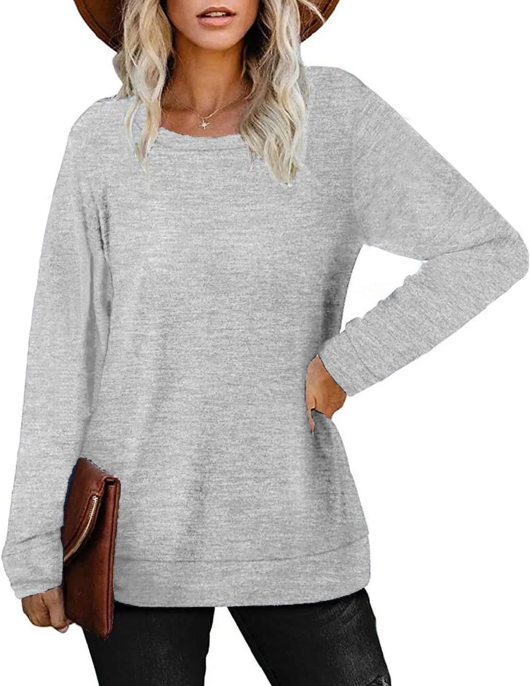 Womens Lightweight Sweatshirts Crewneck Thin Sweaters Long Sleeve Shirts Solid Color Casual Tunic Spring Tops(S-2XL