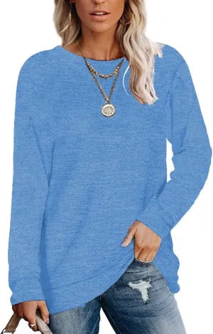 Womens Lightweight Sweatshirts Crewneck Thin Sweaters Long Sleeve Shirts Solid Color Casual Tunic Spring Tops(S-2XL