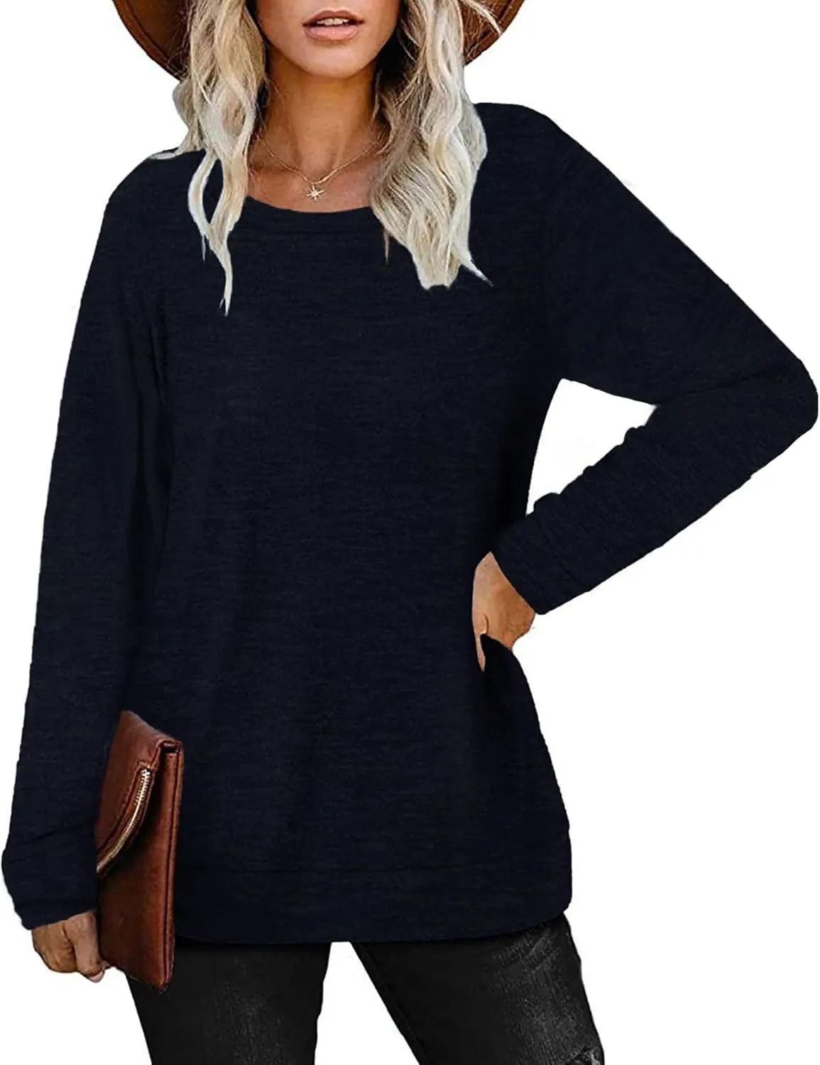 Womens Lightweight Sweatshirts Crewneck Thin Sweaters Long Sleeve Shirts Solid Color Casual Tunic Spring Tops(S-2XL
