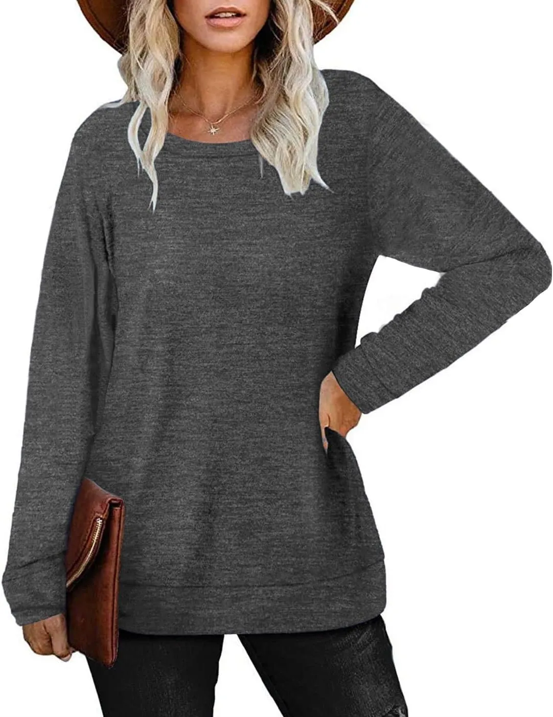 Womens Lightweight Sweatshirts Crewneck Thin Sweaters Long Sleeve Shirts Solid Color Casual Tunic Spring Tops(S-2XL