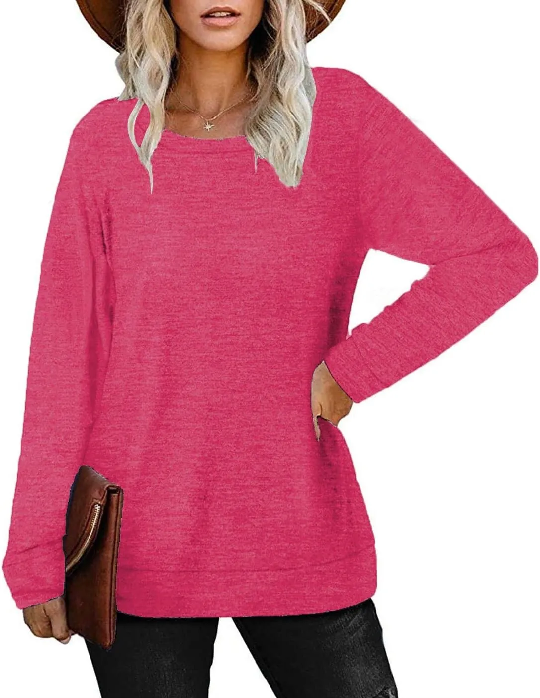Womens Lightweight Sweatshirts Crewneck Thin Sweaters Long Sleeve Shirts Solid Color Casual Tunic Spring Tops(S-2XL