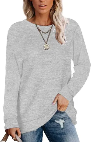 Womens Lightweight Sweatshirts Crewneck Thin Sweaters Long Sleeve Shirts Solid Color Casual Tunic Spring Tops(S-2XL