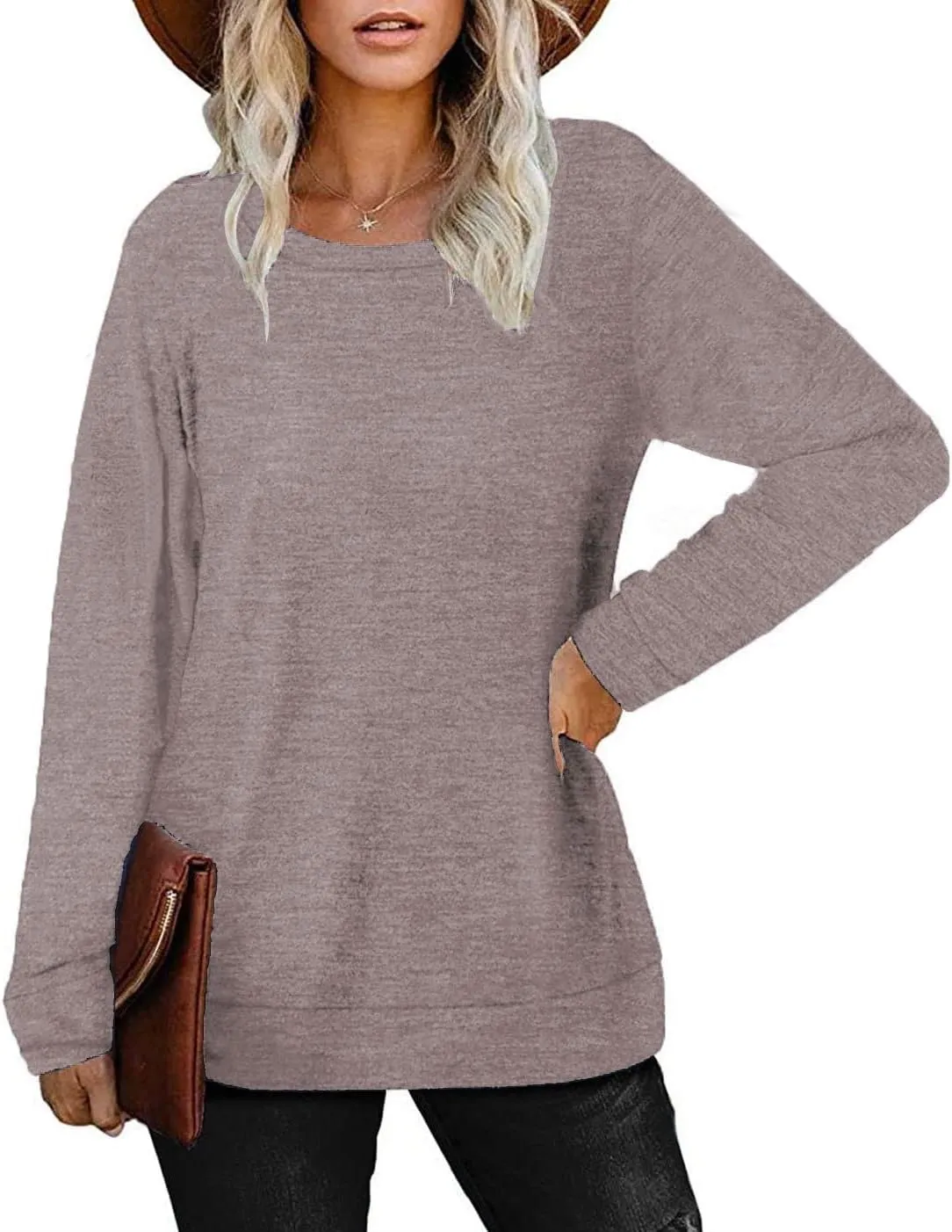 Womens Lightweight Sweatshirts Crewneck Thin Sweaters Long Sleeve Shirts Solid Color Casual Tunic Spring Tops(S-2XL