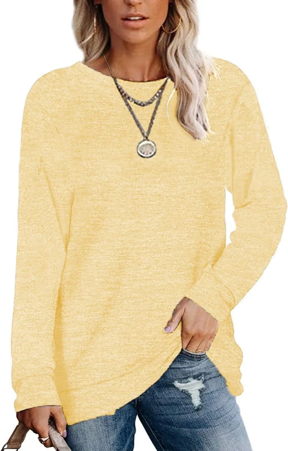 Womens Lightweight Sweatshirts Crewneck Thin Sweaters Long Sleeve Shirts Solid Color Casual Tunic Spring Tops(S-2XL
