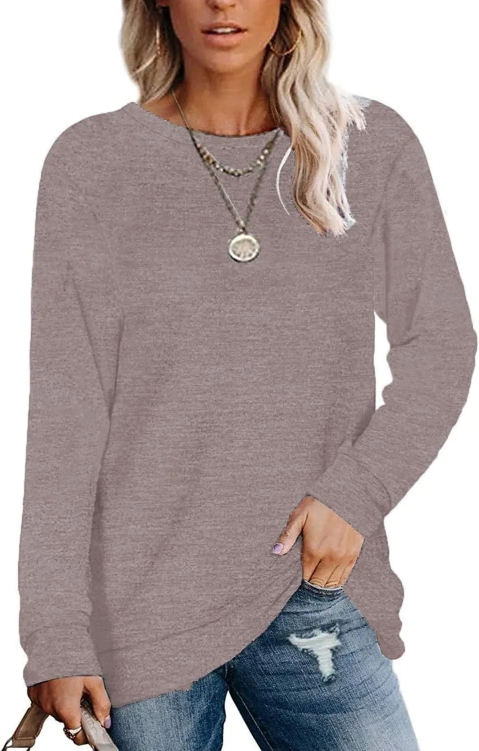 Womens Lightweight Sweatshirts Crewneck Thin Sweaters Long Sleeve Shirts Solid Color Casual Tunic Spring Tops(S-2XL