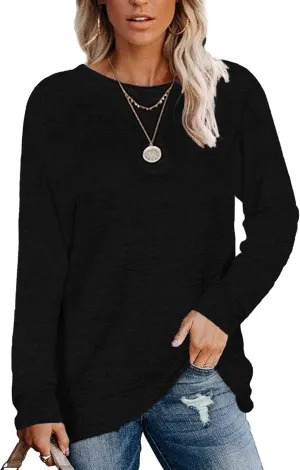 Womens Lightweight Sweatshirts Crewneck Thin Sweaters Long Sleeve Shirts Solid Color Casual Tunic Spring Tops(S-2XL