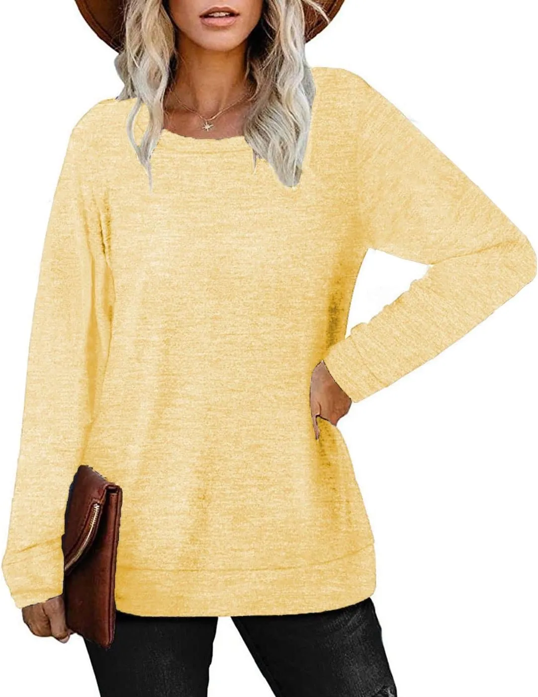 Womens Lightweight Sweatshirts Crewneck Thin Sweaters Long Sleeve Shirts Solid Color Casual Tunic Spring Tops(S-2XL