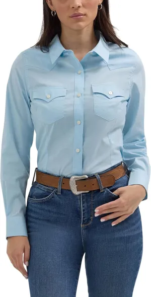 Women's Retro Long Sleeve Cool Blue Solid Western Shirt