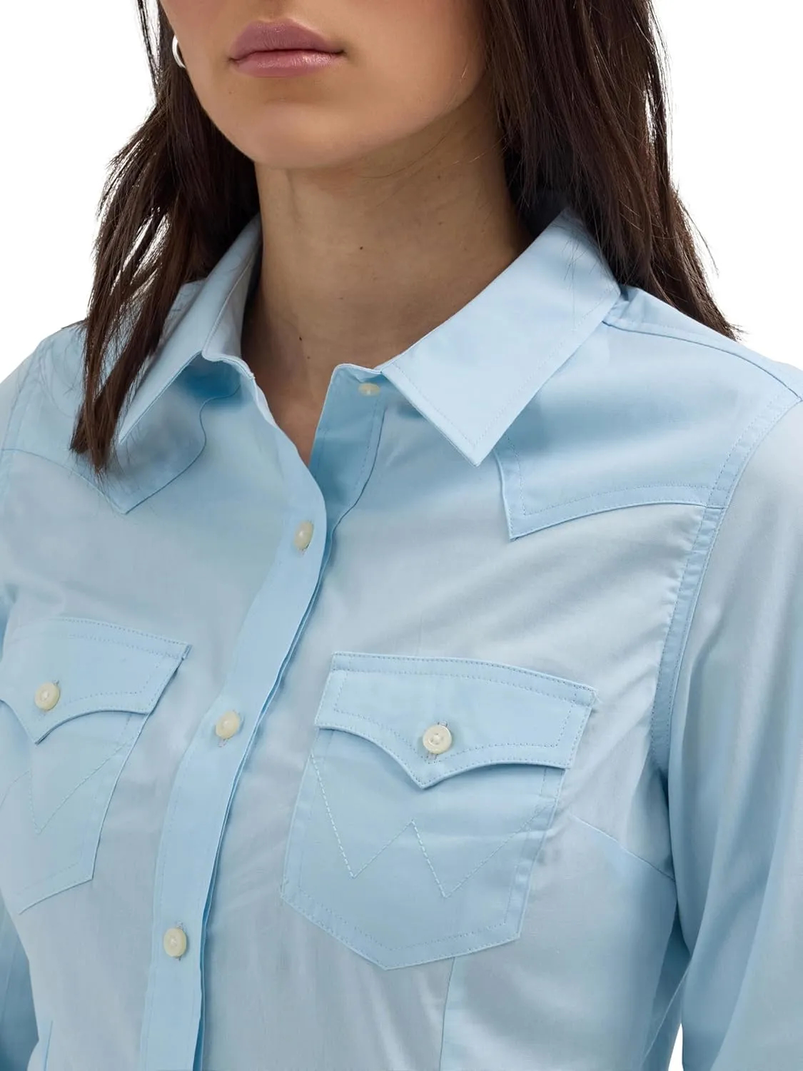 Women's Retro Long Sleeve Cool Blue Solid Western Shirt