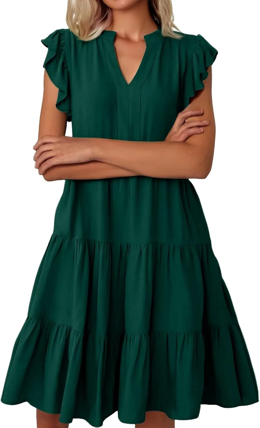 Women's Summer Dresses Ruffle Sleeve V Neck Midi Dresses Casual Flowy Tiered A Line Dress Beach Sundress with Pockets