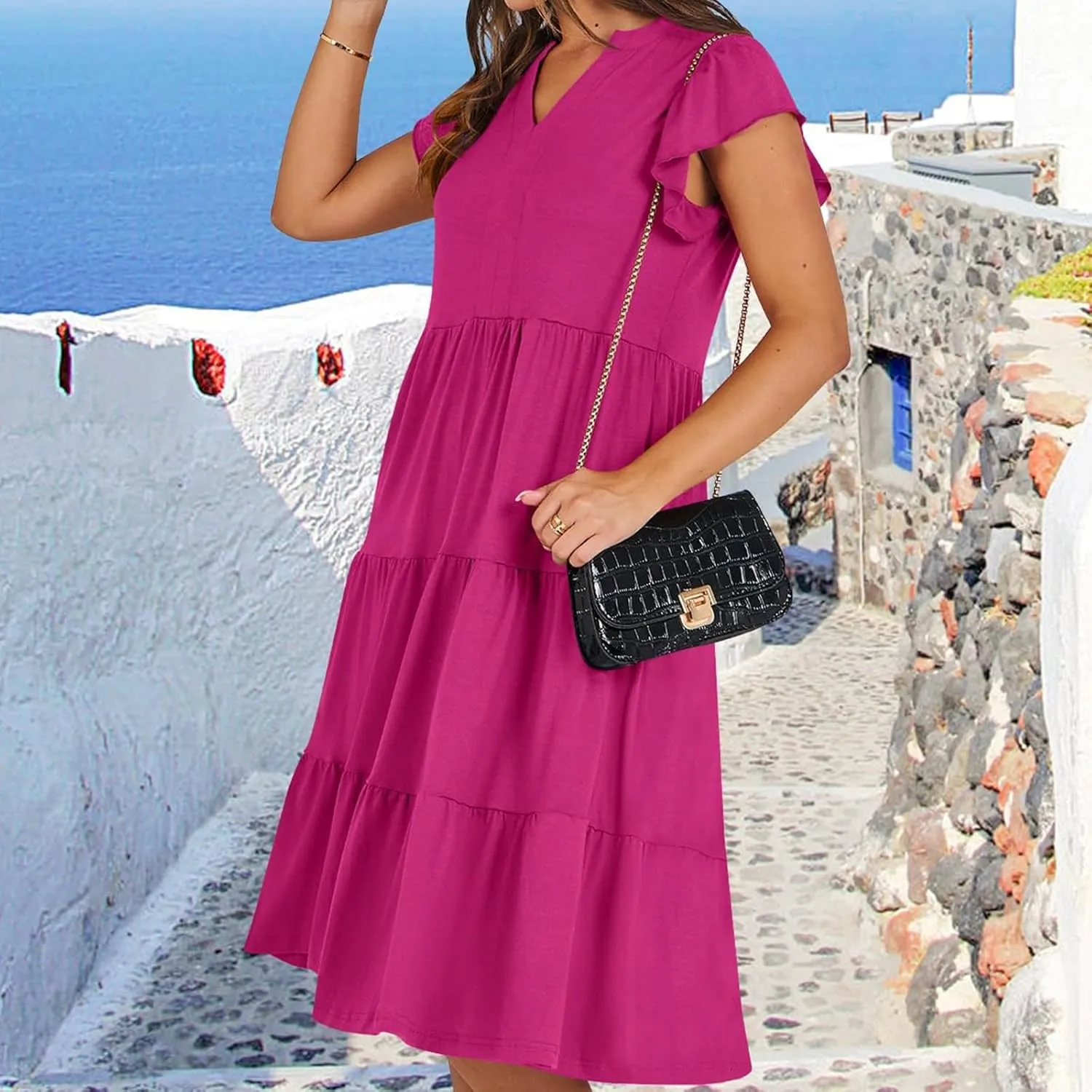 Women's Summer Dresses Ruffle Sleeve V Neck Midi Dresses Casual Flowy Tiered A Line Dress Beach Sundress with Pockets