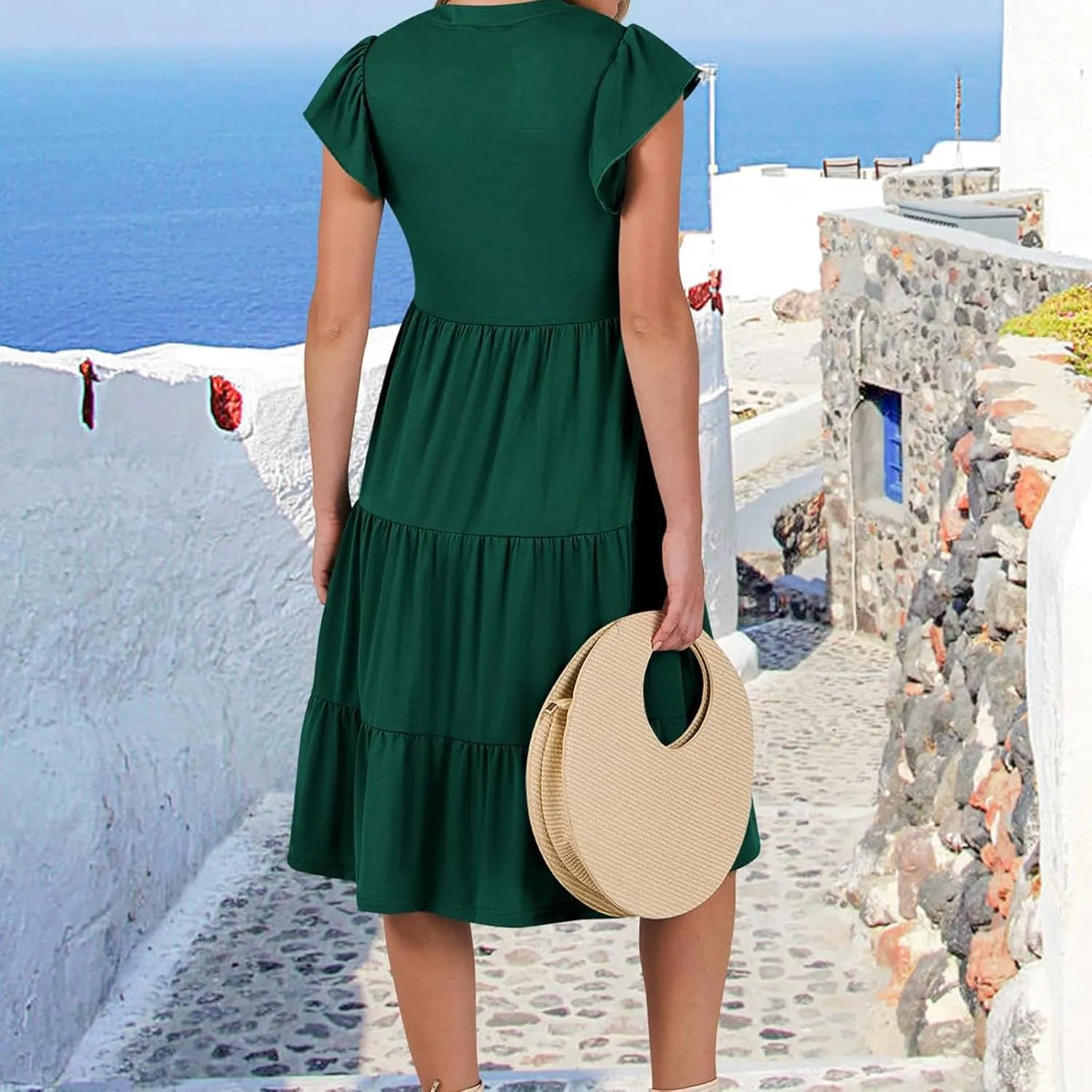 Women's Summer Dresses Ruffle Sleeve V Neck Midi Dresses Casual Flowy Tiered A Line Dress Beach Sundress with Pockets