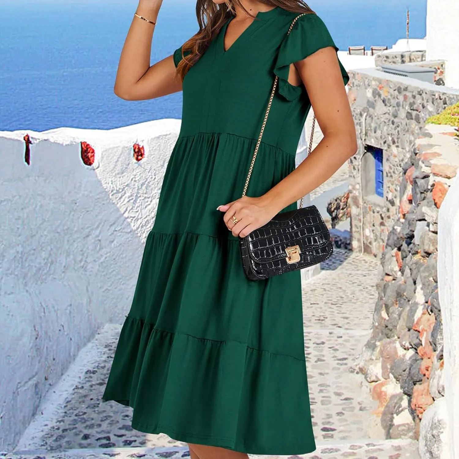 Women's Summer Dresses Ruffle Sleeve V Neck Midi Dresses Casual Flowy Tiered A Line Dress Beach Sundress with Pockets