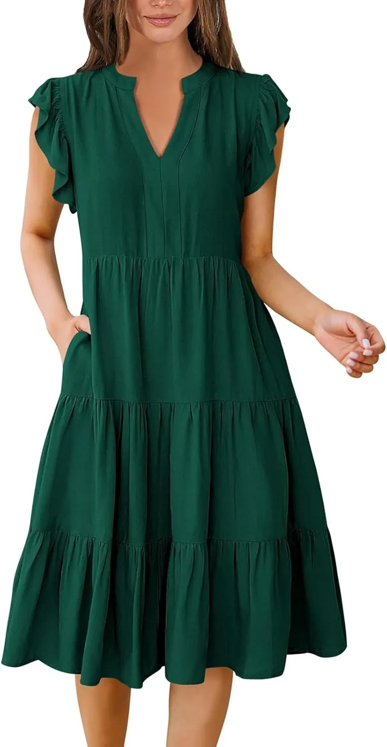 Women's Summer Dresses Ruffle Sleeve V Neck Midi Dresses Casual Flowy Tiered A Line Dress Beach Sundress with Pockets