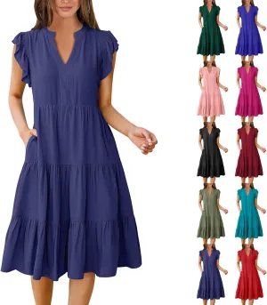 Women's Summer Dresses Ruffle Sleeve V Neck Midi Dresses Casual Flowy Tiered A Line Dress Beach Sundress with Pockets